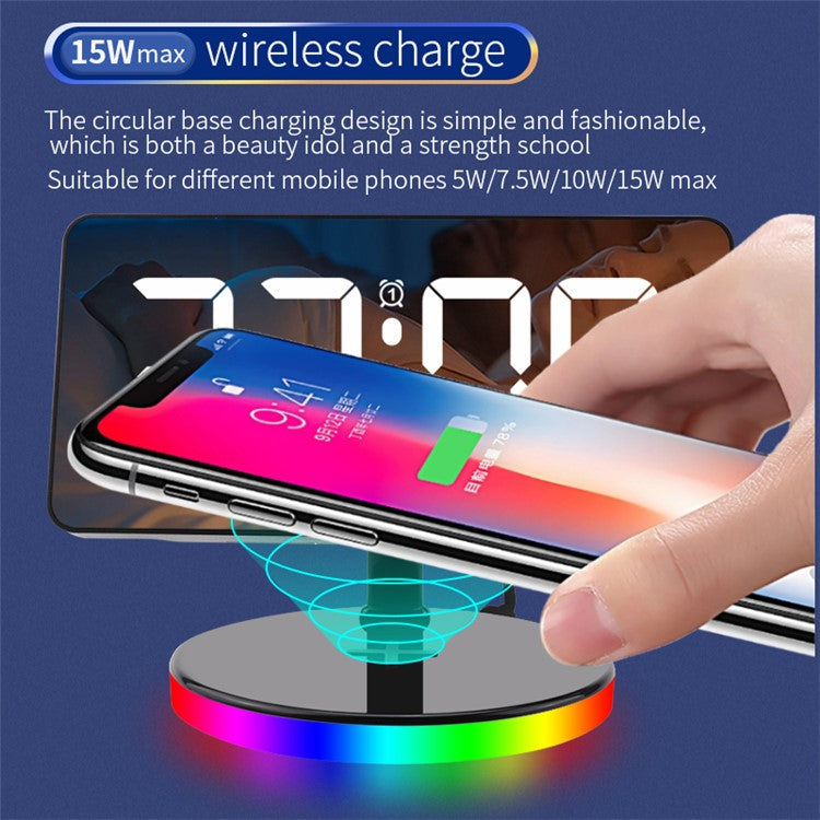 TS-3001-B White LED Digital Alarm Clock 15W Phone Wireless Charger Night Light