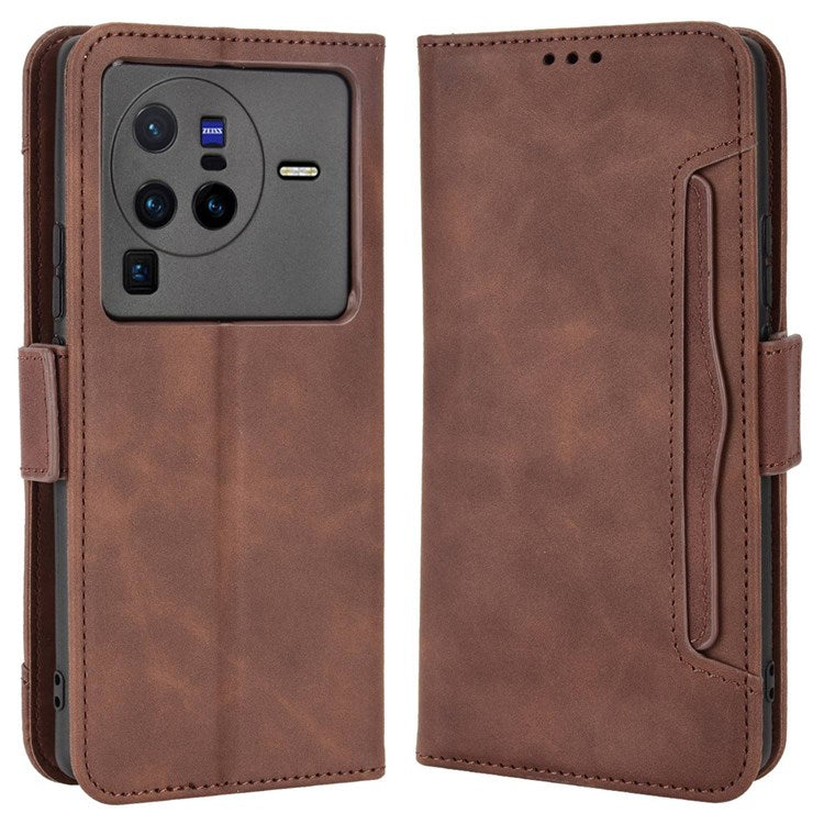 PU Leather Multiple Card Slots Double Magnetic Clasp Case for vivo X80 Pro 5G, Wallet Stand Style Phone Cover - Brown