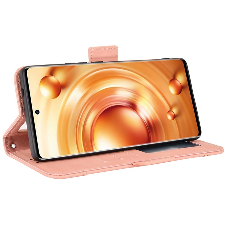 PU Leather Multiple Card Slots Double Magnetic Clasp Case for vivo X80 Pro 5G, Wallet Stand Style Phone Cover - Pink