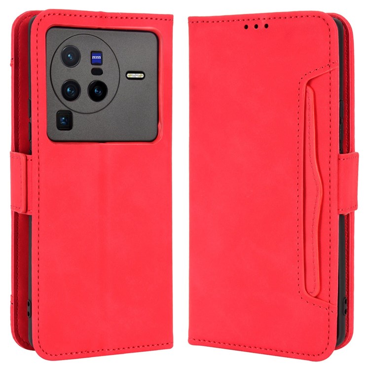 PU Leather Multiple Card Slots Double Magnetic Clasp Case for vivo X80 Pro 5G, Wallet Stand Style Phone Cover - Red