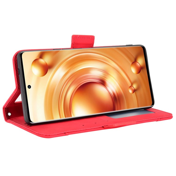 PU Leather Multiple Card Slots Double Magnetic Clasp Case for vivo X80 Pro 5G, Wallet Stand Style Phone Cover - Red