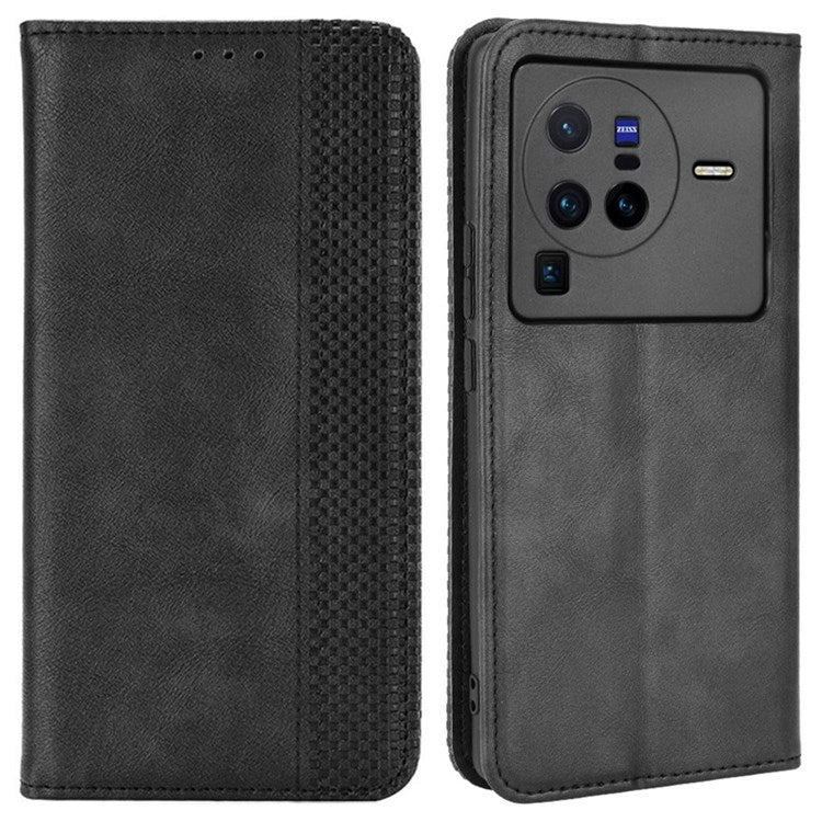 Retro Texture Anti-scratch Phone Case for vivo X80 Pro 5G, PU Leather Stand Wallet Magnetic Absorption Protective Cover - Black