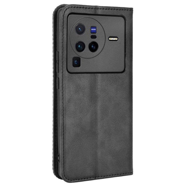 Retro Texture Anti-scratch Phone Case for vivo X80 Pro 5G, PU Leather Stand Wallet Magnetic Absorption Protective Cover - Black