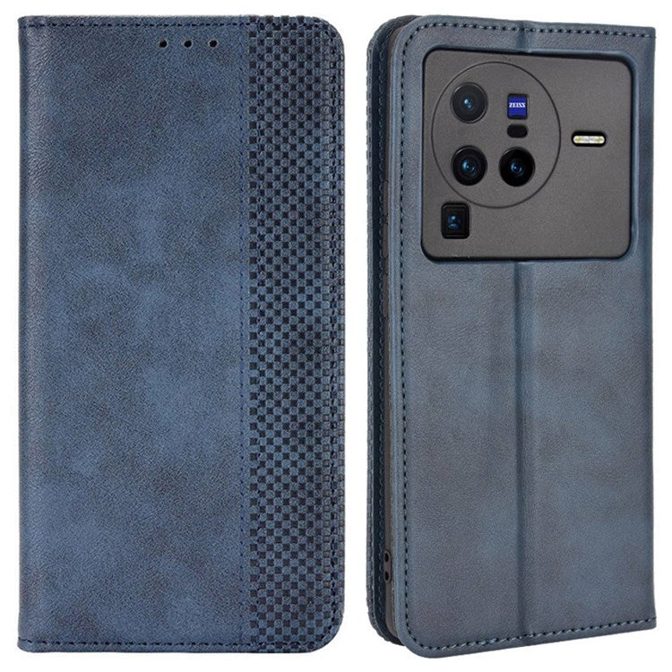 Retro Texture Anti-scratch Phone Case for vivo X80 Pro 5G, PU Leather Stand Wallet Magnetic Absorption Protective Cover - Blue