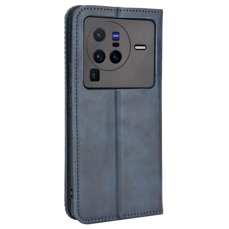 Retro Texture Anti-scratch Phone Case for vivo X80 Pro 5G, PU Leather Stand Wallet Magnetic Absorption Protective Cover - Blue