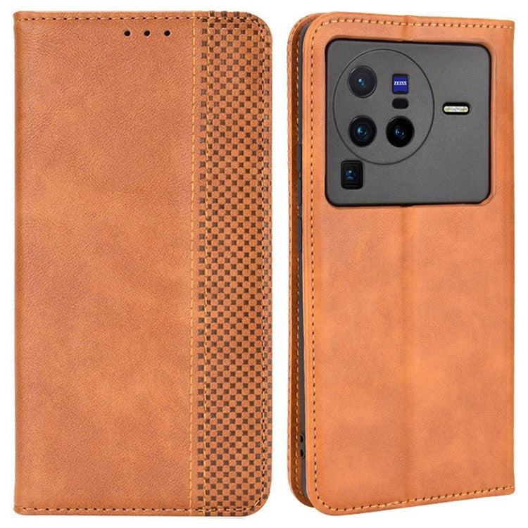 Retro Texture Anti-scratch Phone Case for vivo X80 Pro 5G, PU Leather Stand Wallet Magnetic Absorption Protective Cover - Brown