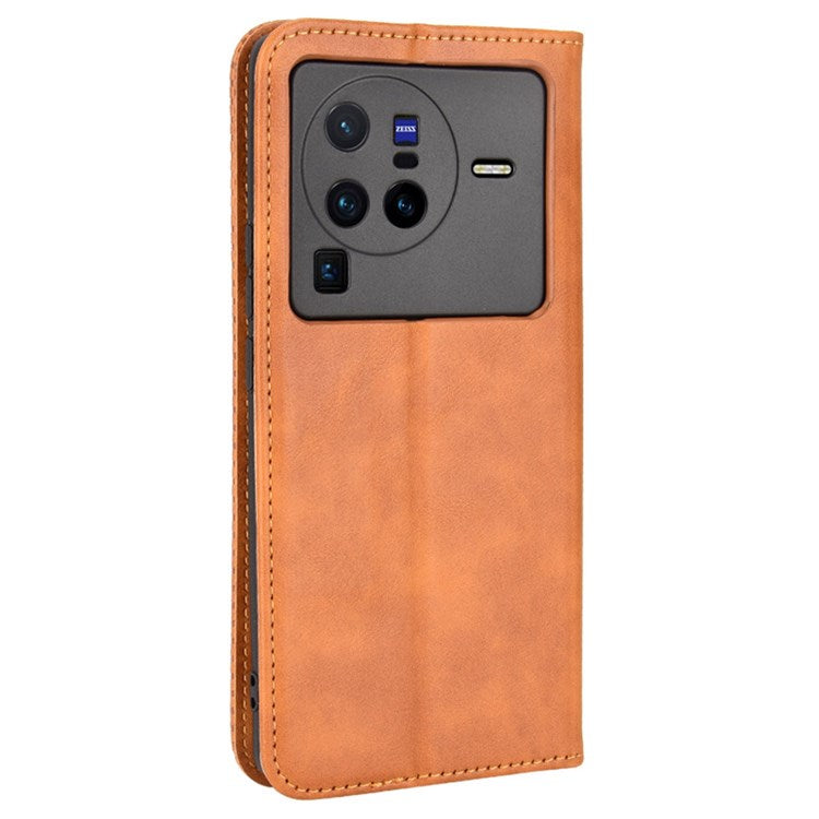 Retro Texture Anti-scratch Phone Case for vivo X80 Pro 5G, PU Leather Stand Wallet Magnetic Absorption Protective Cover - Brown