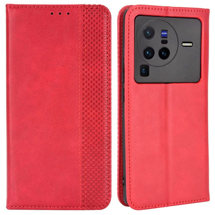 Retro Texture Anti-scratch Phone Case for vivo X80 Pro 5G, PU Leather Stand Wallet Magnetic Absorption Protective Cover - Red