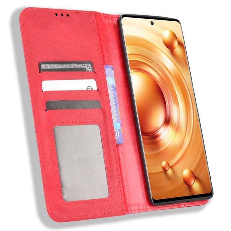 Retro Texture Anti-scratch Phone Case for vivo X80 Pro 5G, PU Leather Stand Wallet Magnetic Absorption Protective Cover - Red