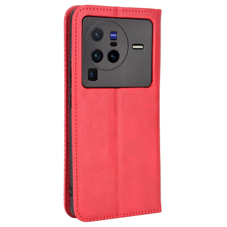 Retro Texture Anti-scratch Phone Case for vivo X80 Pro 5G, PU Leather Stand Wallet Magnetic Absorption Protective Cover - Red