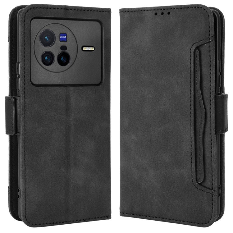 Multiple Card Slots Leather Cover for vivo X80 5G, PU Leather Wallet Stand Folio Flip Phone Case - Black