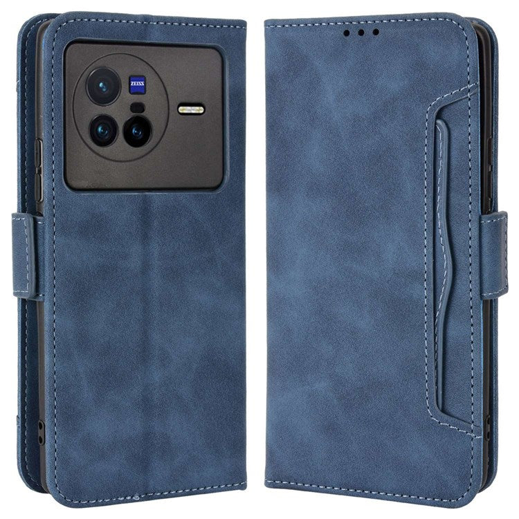 Multiple Card Slots Leather Cover for vivo X80 5G, PU Leather Wallet Stand Folio Flip Phone Case - Blue