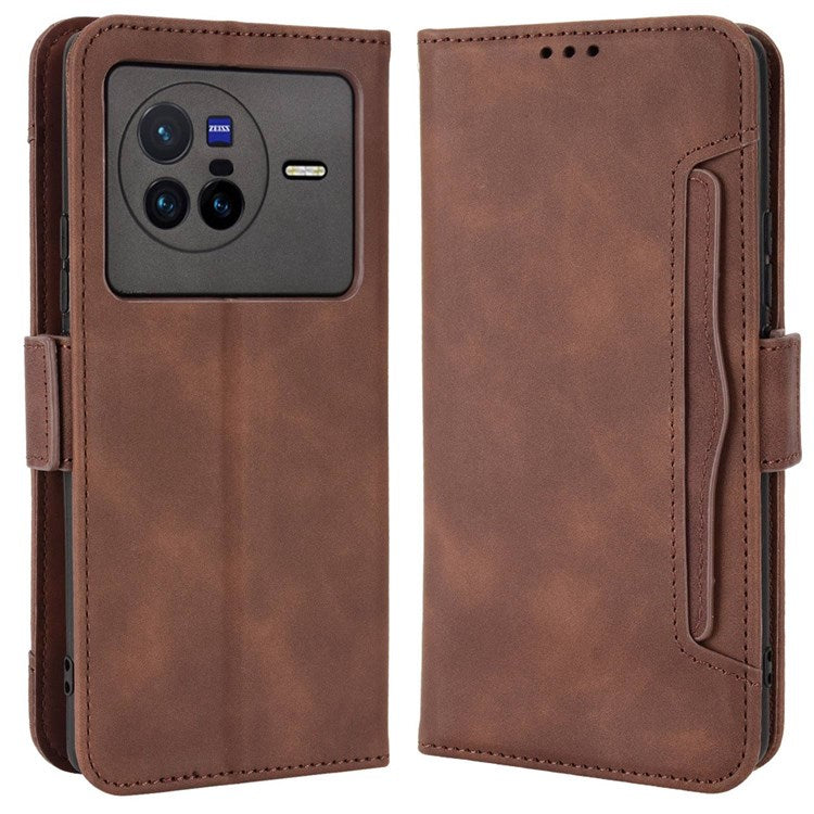 Multiple Card Slots Leather Cover for vivo X80 5G, PU Leather Wallet Stand Folio Flip Phone Case - Brown