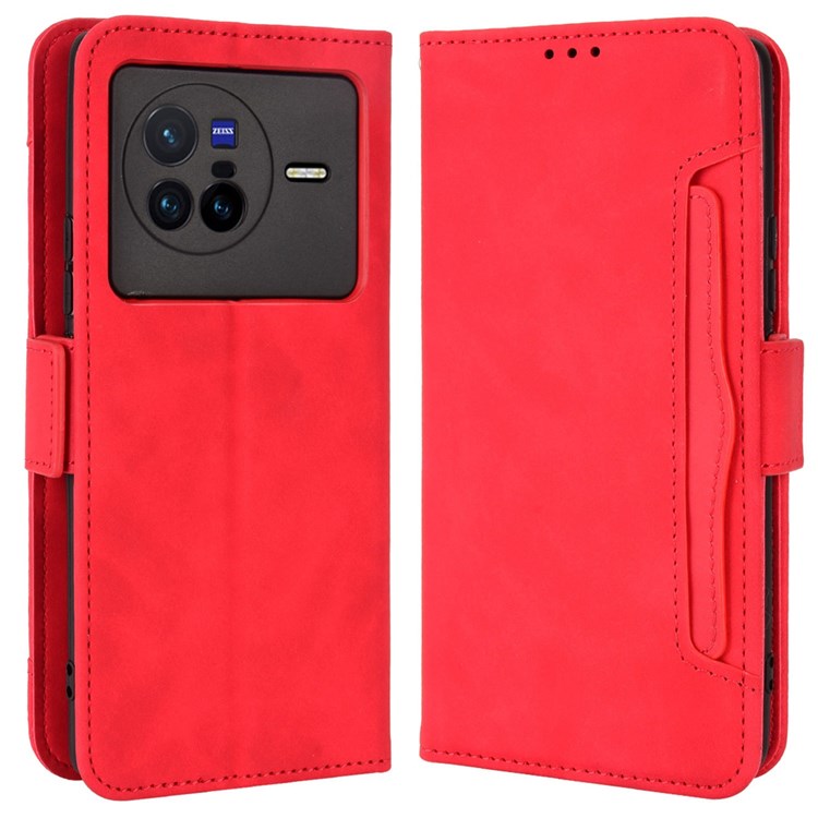 Multiple Card Slots Leather Cover for vivo X80 5G, PU Leather Wallet Stand Folio Flip Phone Case - Red