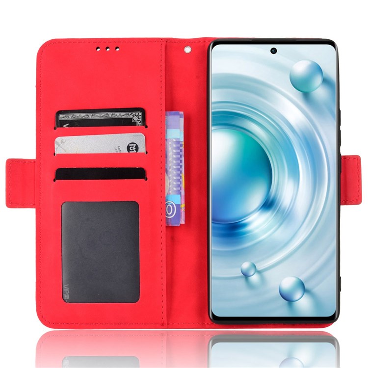 Multiple Card Slots Leather Cover for vivo X80 5G, PU Leather Wallet Stand Folio Flip Phone Case - Red