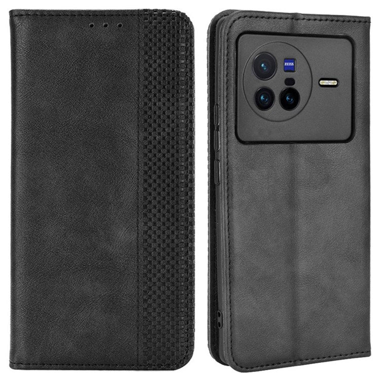 For vivo X80 5G Flip Folio Book Phone Case Shockproof Retro Texture Scratch-resistant Phone Cover Magnetic Smartphone Shell - Black