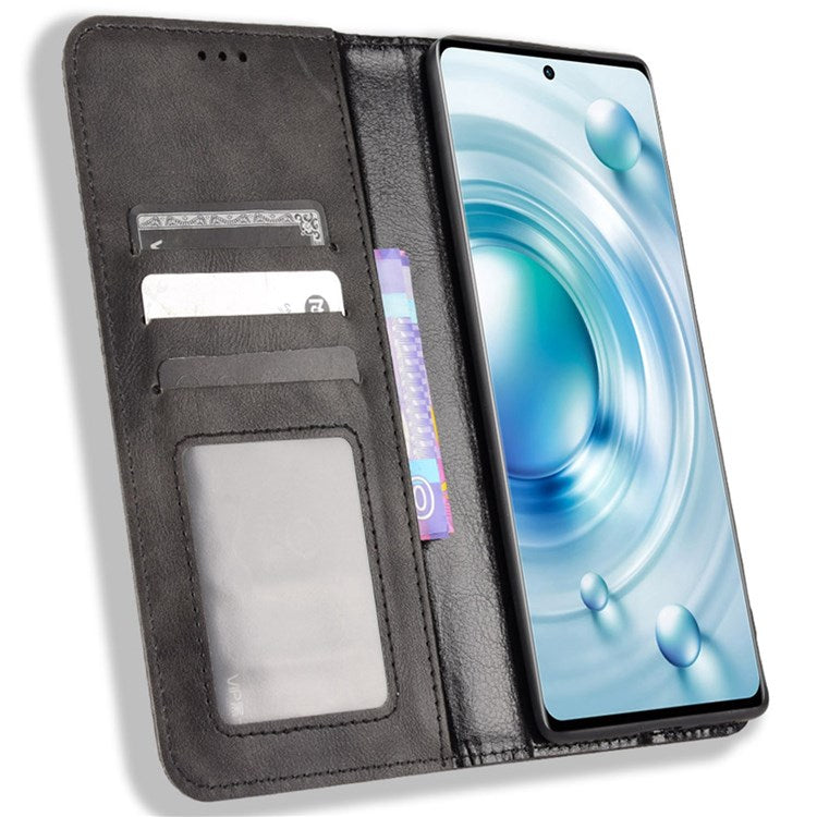 For vivo X80 5G Flip Folio Book Phone Case Shockproof Retro Texture Scratch-resistant Phone Cover Magnetic Smartphone Shell - Black