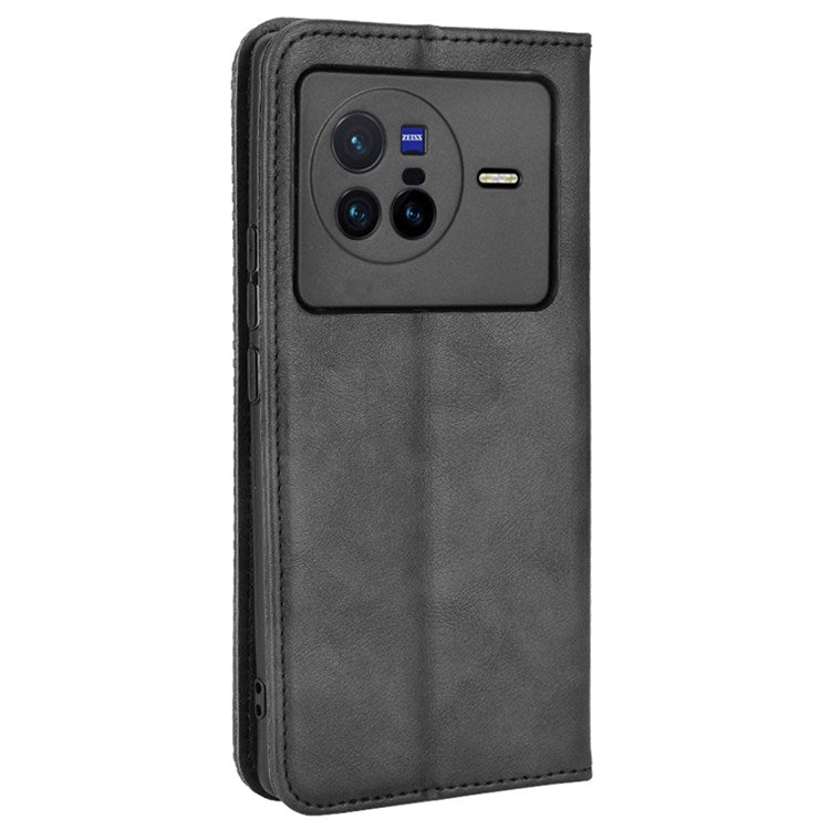 For vivo X80 5G Flip Folio Book Phone Case Shockproof Retro Texture Scratch-resistant Phone Cover Magnetic Smartphone Shell - Black