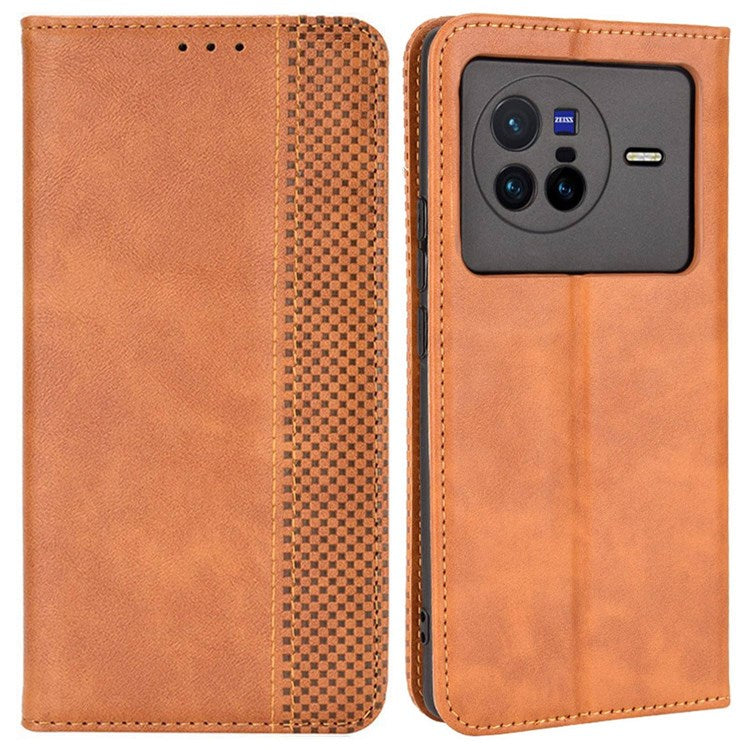 For vivo X80 5G Flip Folio Book Phone Case Shockproof Retro Texture Scratch-resistant Phone Cover Magnetic Smartphone Shell - Brown