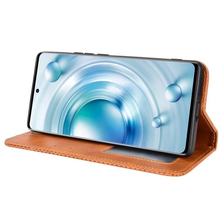 For vivo X80 5G Flip Folio Book Phone Case Shockproof Retro Texture Scratch-resistant Phone Cover Magnetic Smartphone Shell - Brown