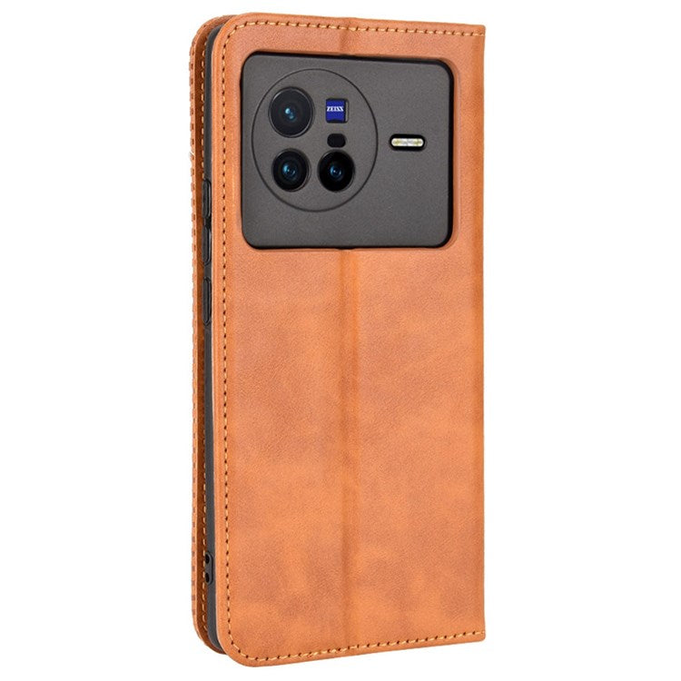 For vivo X80 5G Flip Folio Book Phone Case Shockproof Retro Texture Scratch-resistant Phone Cover Magnetic Smartphone Shell - Brown