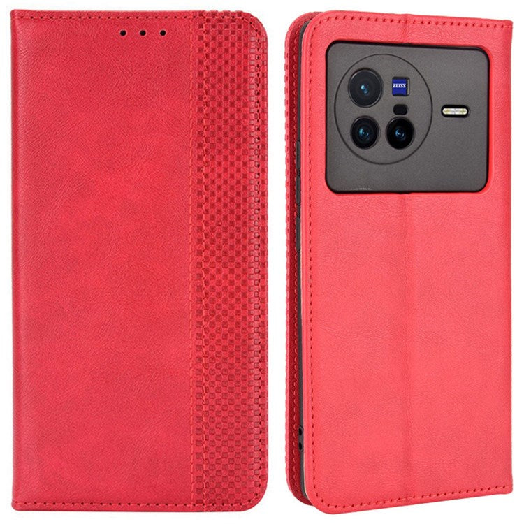 For vivo X80 5G Flip Folio Book Phone Case Shockproof Retro Texture Scratch-resistant Phone Cover Magnetic Smartphone Shell - Red