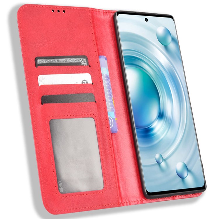 For vivo X80 5G Flip Folio Book Phone Case Shockproof Retro Texture Scratch-resistant Phone Cover Magnetic Smartphone Shell - Red