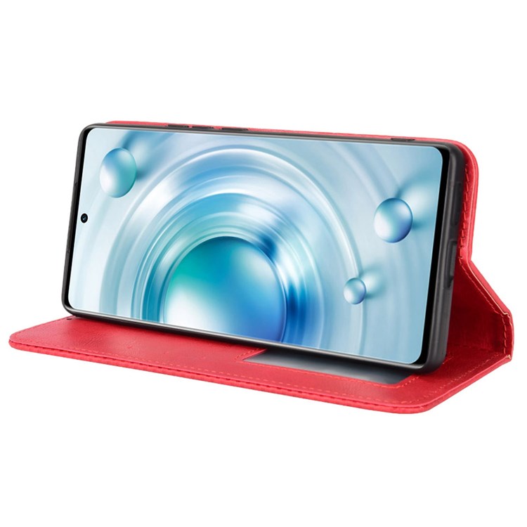 For vivo X80 5G Flip Folio Book Phone Case Shockproof Retro Texture Scratch-resistant Phone Cover Magnetic Smartphone Shell - Red