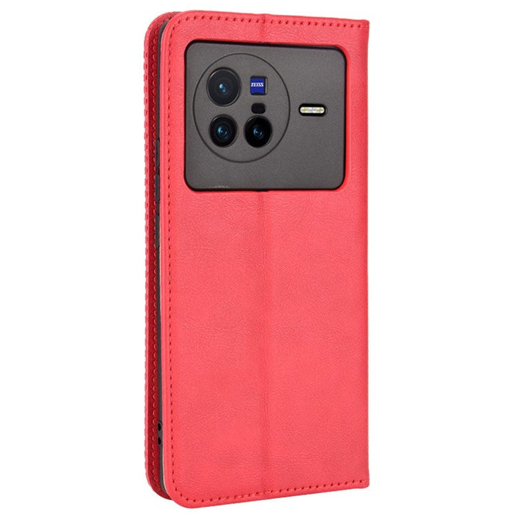 For vivo X80 5G Flip Folio Book Phone Case Shockproof Retro Texture Scratch-resistant Phone Cover Magnetic Smartphone Shell - Red