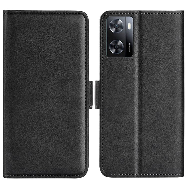 Textured PU Leather Stand Wallet Case for Oppo A57 4G / A57s 4G, Double Magnetic Clasp Folio Flip Phone Cover - Black