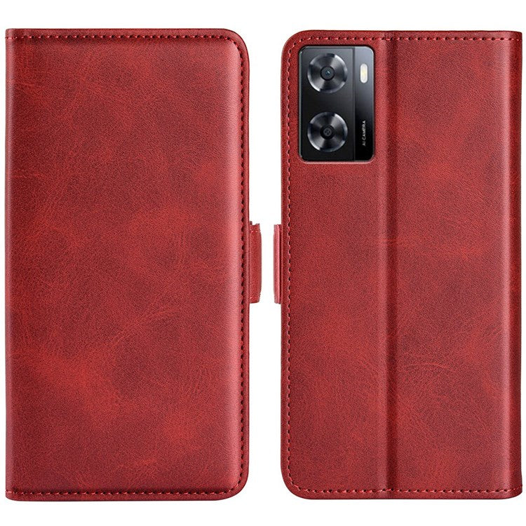 Textured PU Leather Stand Wallet Case for Oppo A57 4G / A57s 4G, Double Magnetic Clasp Folio Flip Phone Cover - Red