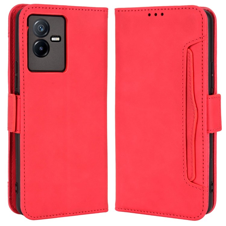 For vivo T2x 5G Stand Feature Multiple Card Slots Case PU Leather Wallet Magnetic Clasp Drop-proof Shell - Red