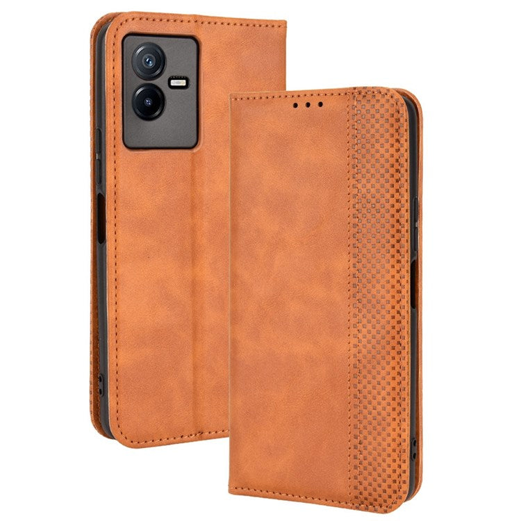 For vivo T2x 5G Retro Texture Leather Cell Phone Case Stand Magnetic Absorption Wallet Style Anti-shock Shell - Brown