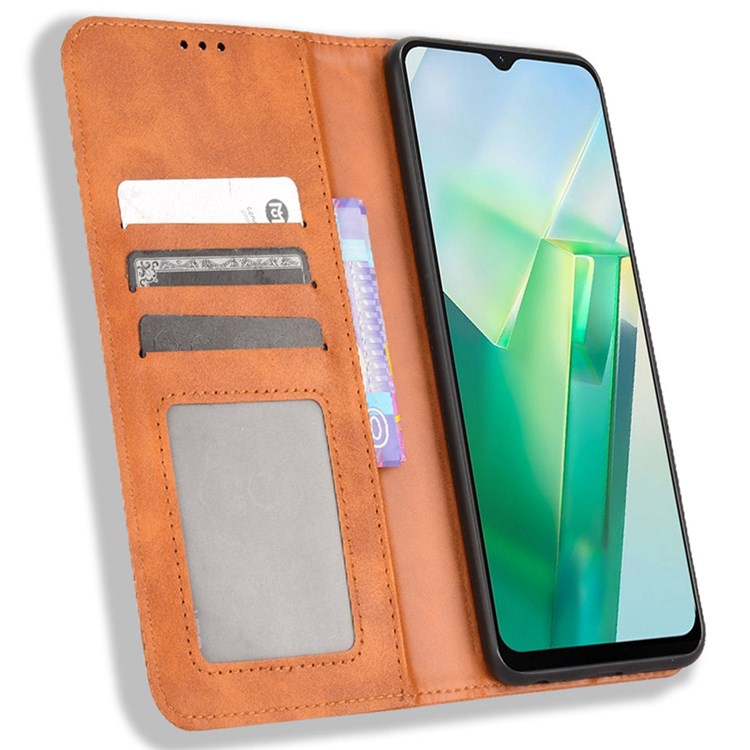 For vivo T2x 5G Retro Texture Leather Cell Phone Case Stand Magnetic Absorption Wallet Style Anti-shock Shell - Brown