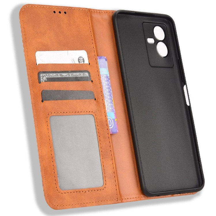 For vivo T2x 5G Retro Texture Leather Cell Phone Case Stand Magnetic Absorption Wallet Style Anti-shock Shell - Brown