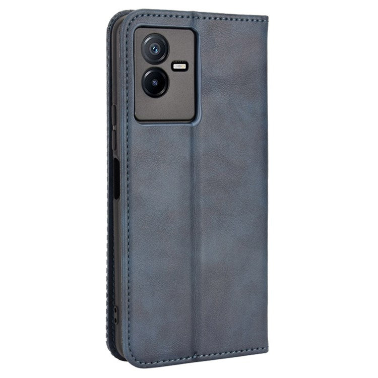 For vivo T2x 5G Retro Texture Leather Cell Phone Case Stand Magnetic Absorption Wallet Style Anti-shock Shell - Blue