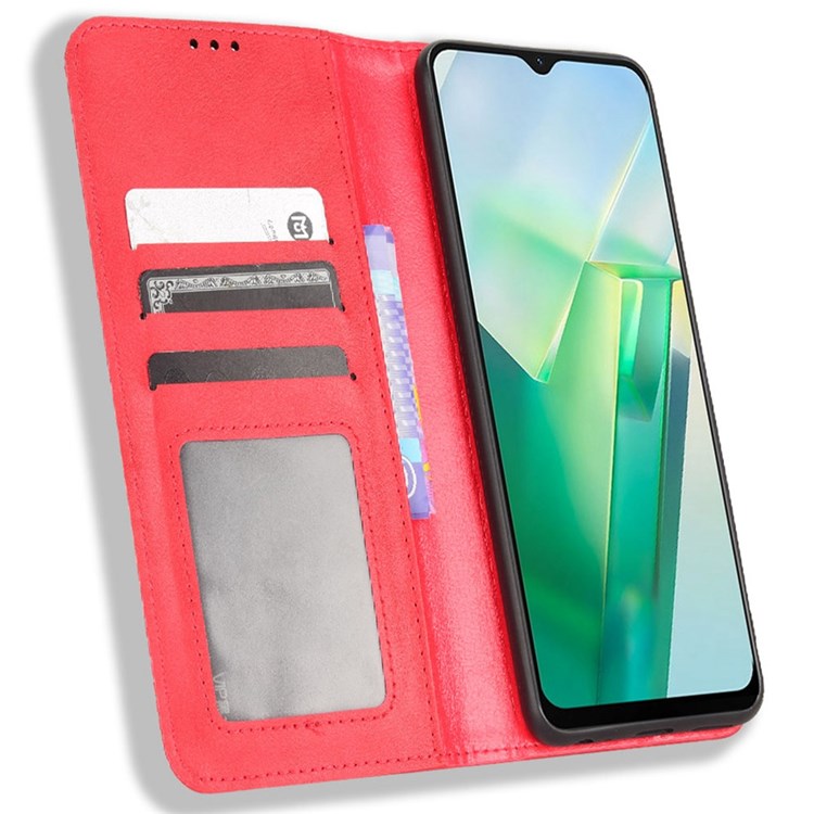 For vivo T2x 5G Retro Texture Leather Cell Phone Case Stand Magnetic Absorption Wallet Style Anti-shock Shell - Red