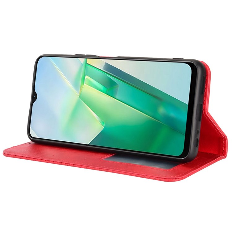 For vivo T2x 5G Retro Texture Leather Cell Phone Case Stand Magnetic Absorption Wallet Style Anti-shock Shell - Red