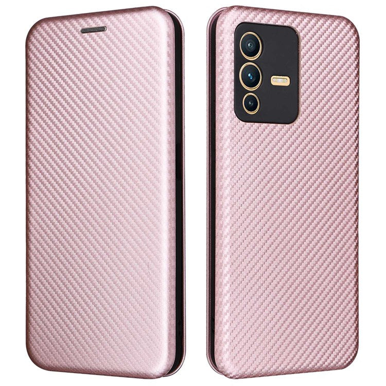 For vivo S12 / V23 5G Card Holder Mobile Phone Case Carbon Fiber Texture Magnetic Auto-absorbed PU Leather Stand Phone Cover - Rose Gold