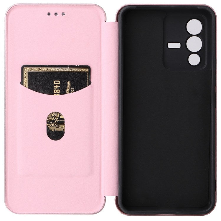 For vivo S12 / V23 5G Card Holder Mobile Phone Case Carbon Fiber Texture Magnetic Auto-absorbed PU Leather Stand Phone Cover - Rose Gold