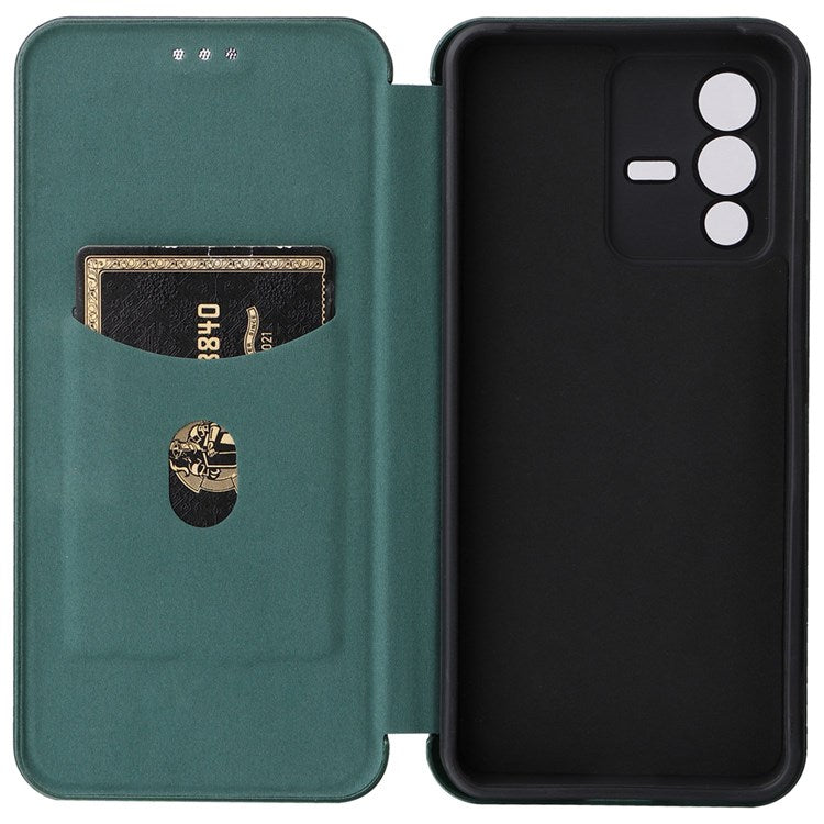 For vivo S12 / V23 5G Card Holder Mobile Phone Case Carbon Fiber Texture Magnetic Auto-absorbed PU Leather Stand Phone Cover - Green