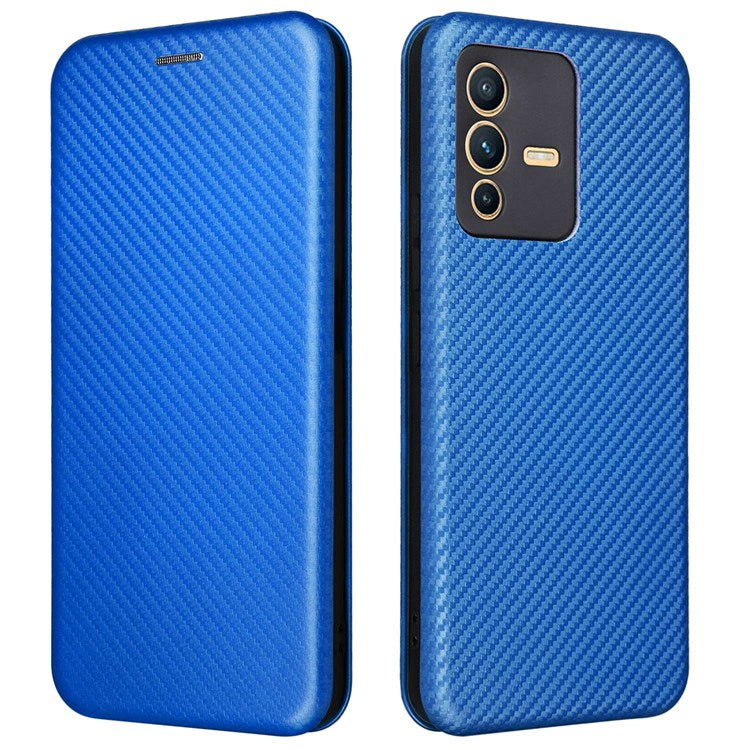 For vivo S12 / V23 5G Card Holder Mobile Phone Case Carbon Fiber Texture Magnetic Auto-absorbed PU Leather Stand Phone Cover - Blue