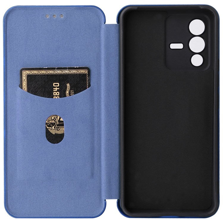 For vivo S12 / V23 5G Card Holder Mobile Phone Case Carbon Fiber Texture Magnetic Auto-absorbed PU Leather Stand Phone Cover - Blue