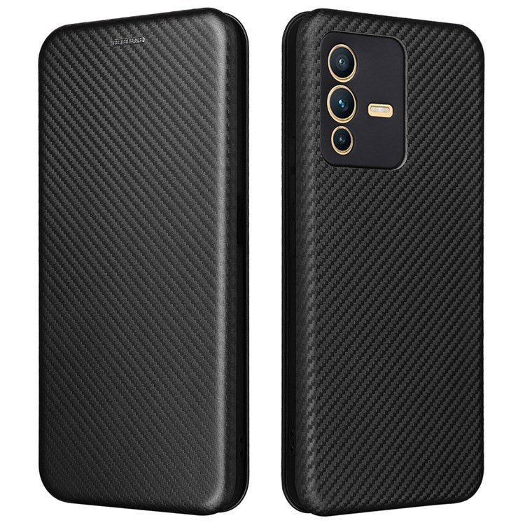 For vivo S12 / V23 5G Card Holder Mobile Phone Case Carbon Fiber Texture Magnetic Auto-absorbed PU Leather Stand Phone Cover - Black