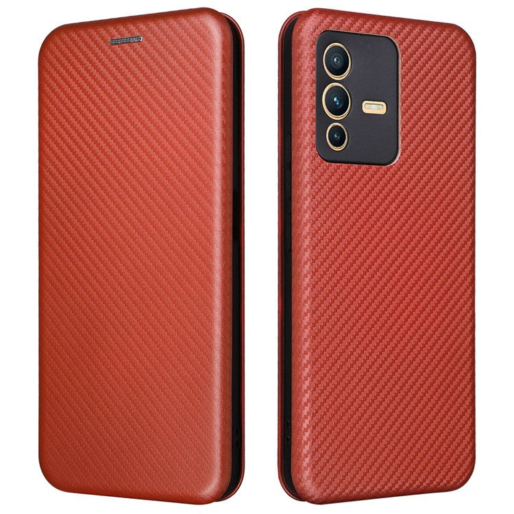 For vivo S12 / V23 5G Card Holder Mobile Phone Case Carbon Fiber Texture Magnetic Auto-absorbed PU Leather Stand Phone Cover - Brown