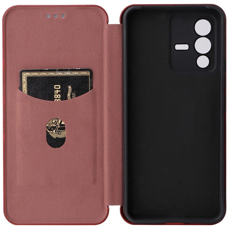 For vivo S12 / V23 5G Card Holder Mobile Phone Case Carbon Fiber Texture Magnetic Auto-absorbed PU Leather Stand Phone Cover - Brown