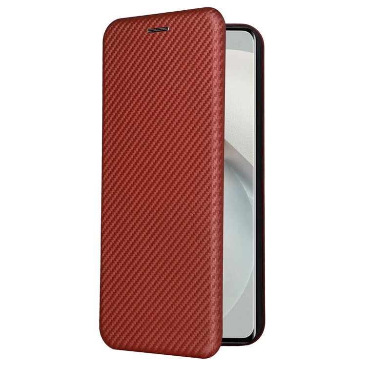 For vivo S12 / V23 5G Card Holder Mobile Phone Case Carbon Fiber Texture Magnetic Auto-absorbed PU Leather Stand Phone Cover - Brown