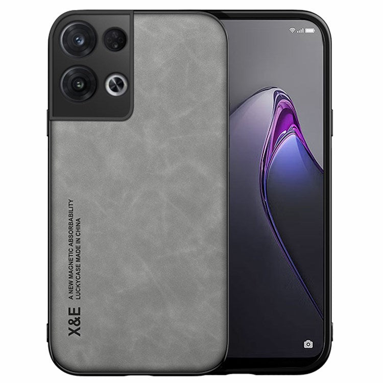 X&E Skin-touch Phone Case for Oppo Reno8 5G (Global Version) / Reno8 5G, Precise Cutout PU Leather Coated TPU Cover with Car Mount Metal Sheet - Light Grey