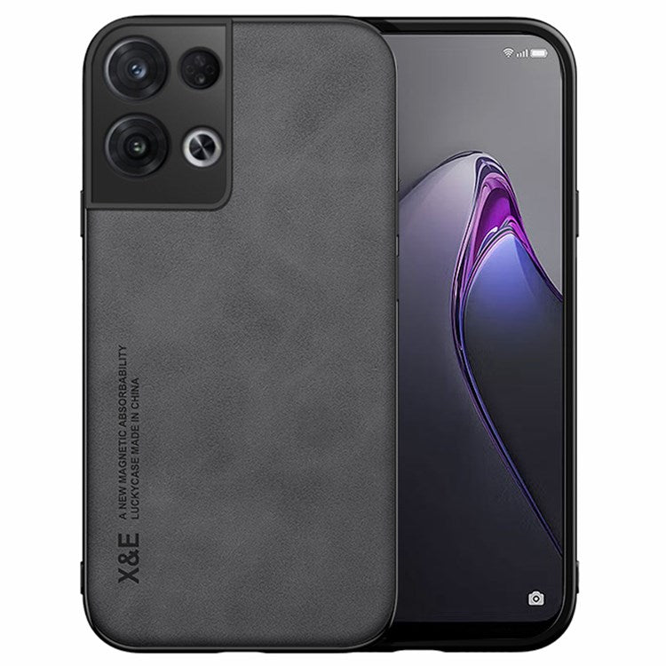 X&E Skin-touch Phone Case for Oppo Reno8 5G (Global Version) / Reno8 5G, Precise Cutout PU Leather Coated TPU Cover with Car Mount Metal Sheet - Dark Grey