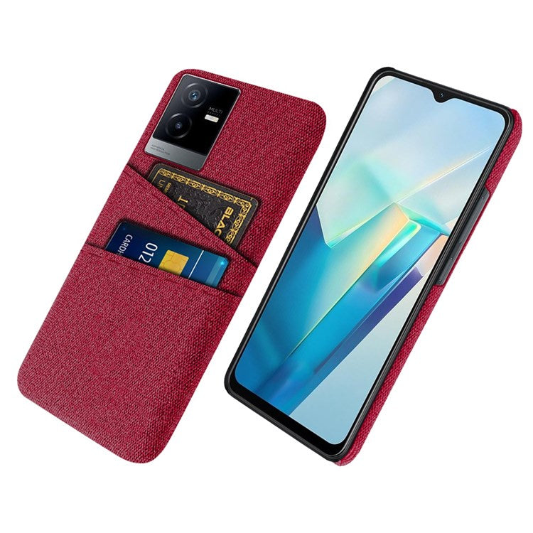 For vivo T2x 5G Cloth Texture Soft Touch Phone Case with Dual Card Slots Wear-resistant Protective Shell - Red